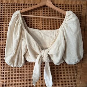 Cream Puff Sleeve Tie-Front Blouse